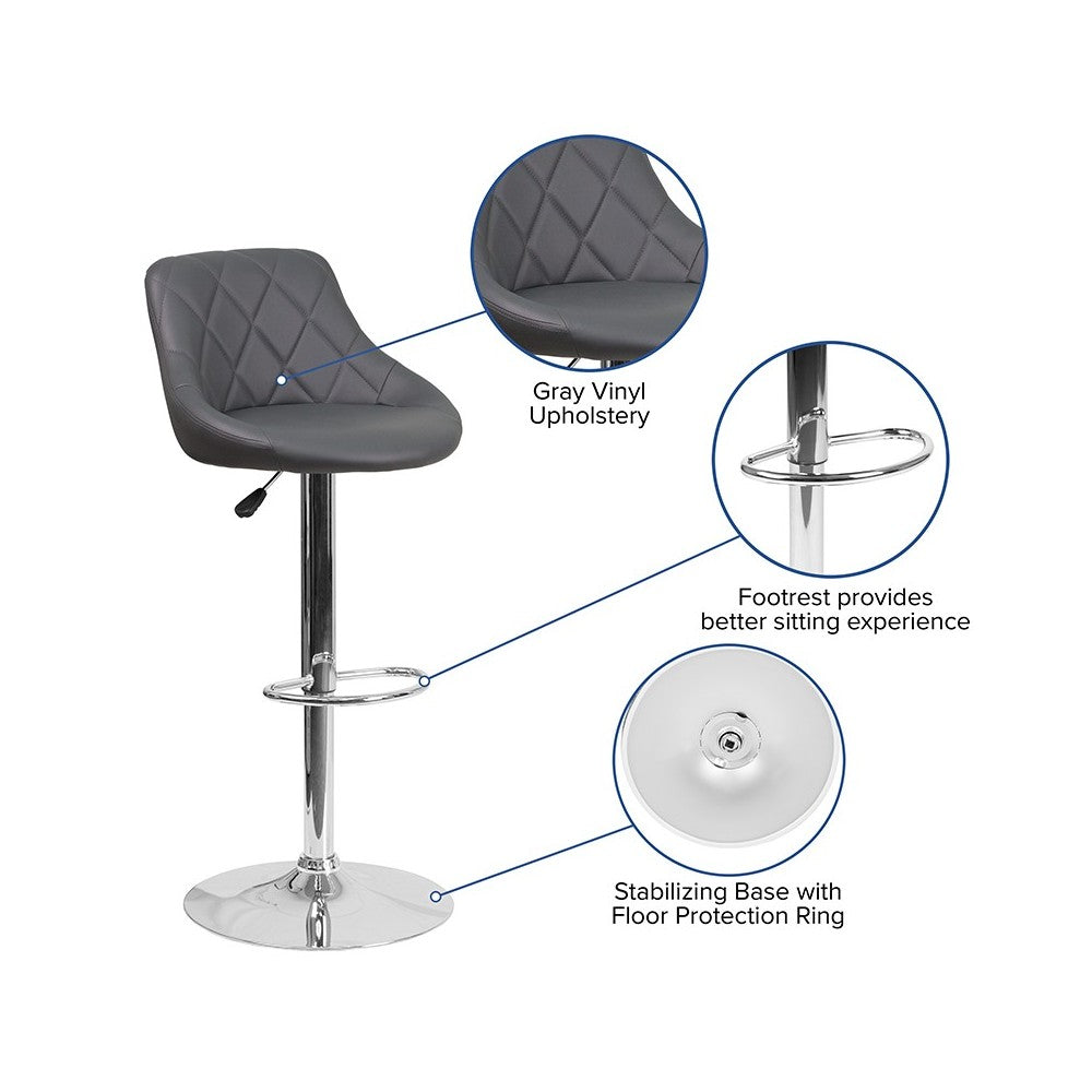 Contemporary Gray Vinyl Bucket Seat Adjustable Height Barstool with Chrome Base