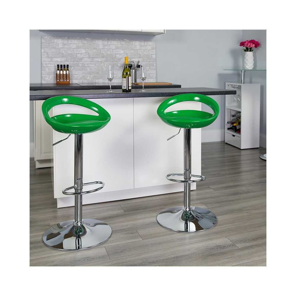 Contemporary Green Plastic Adjustable Height Barstool with Rounded Cutout Back and Chrome Base