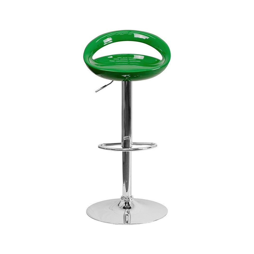 Contemporary Green Plastic Adjustable Height Barstool with Rounded Cutout Back and Chrome Base