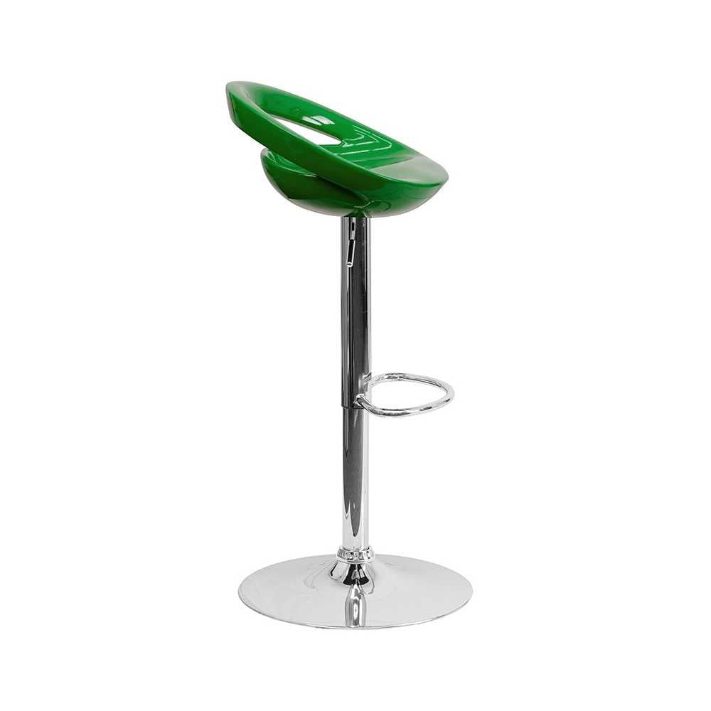 Contemporary Green Plastic Adjustable Height Barstool with Rounded Cutout Back and Chrome Base