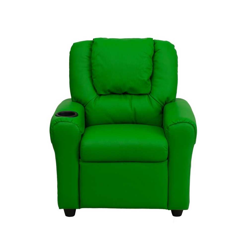 Contemporary Green Vinyl Kids Recliner with Cup Holder and Headrest