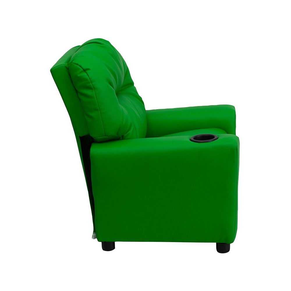 Contemporary Green Vinyl Kids Recliner with Cup Holder