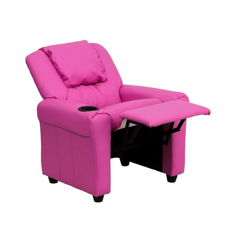 Contemporary Hot Pink Vinyl Kids Recliner with Cup Holder and Headrest