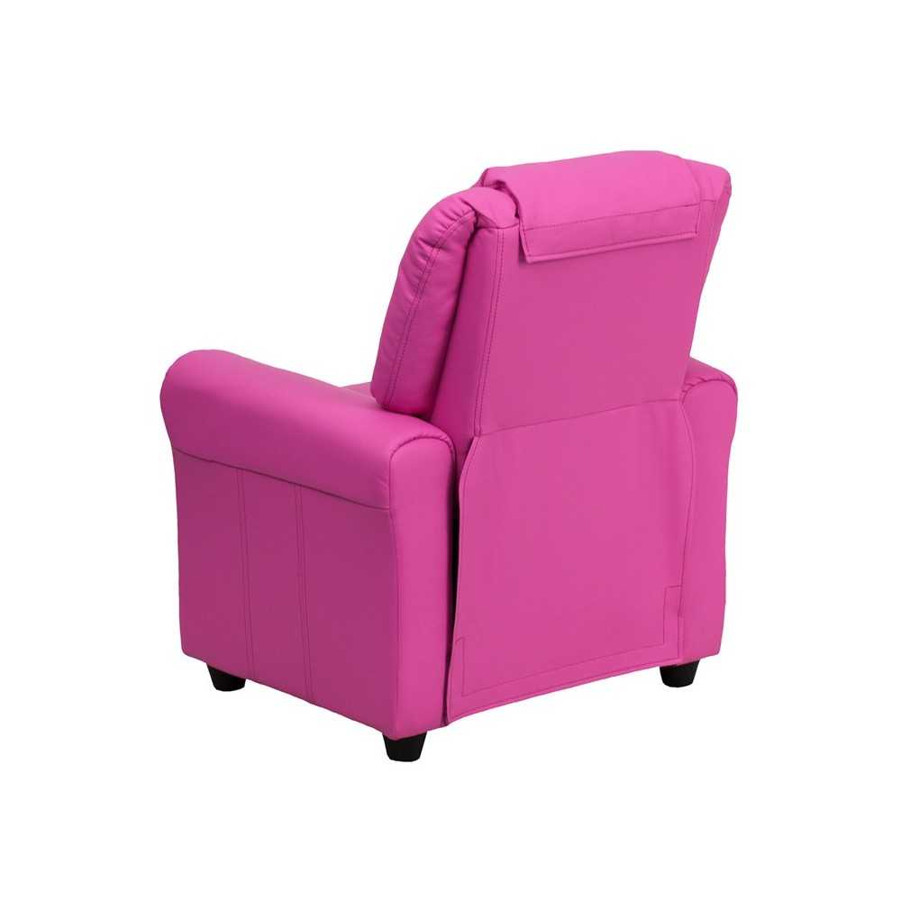 Contemporary Hot Pink Vinyl Kids Recliner with Cup Holder and Headrest