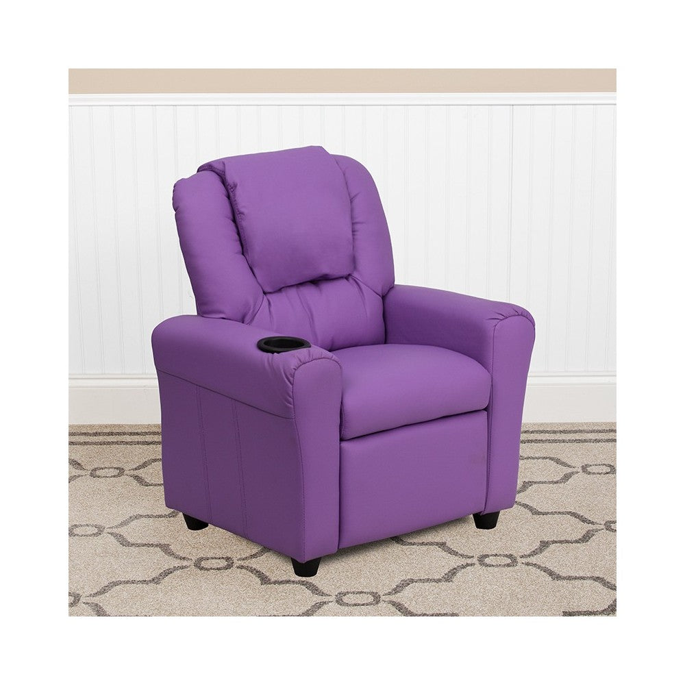 Contemporary Lavender Vinyl Kids Recliner with Cup Holder and Headrest