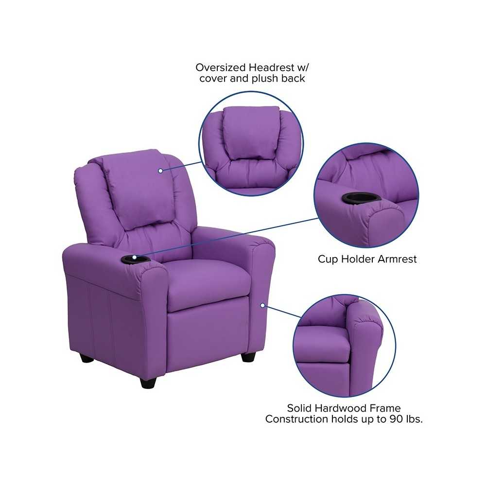 Contemporary Lavender Vinyl Kids Recliner with Cup Holder and Headrest