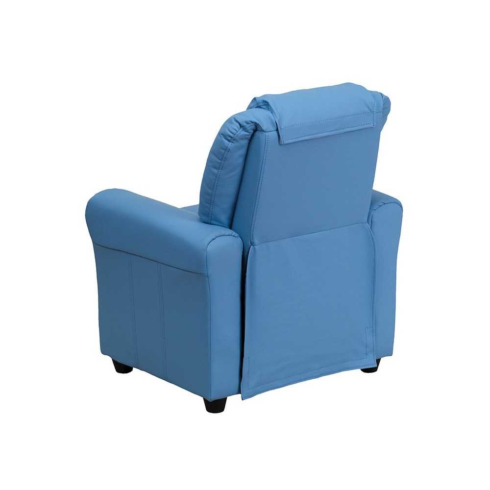 Contemporary Light Blue Vinyl Kids Recliner with Cup Holder and Headrest