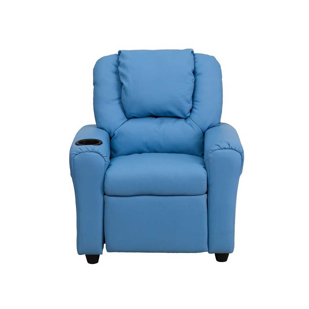 Contemporary Light Blue Vinyl Kids Recliner with Cup Holder and Headrest