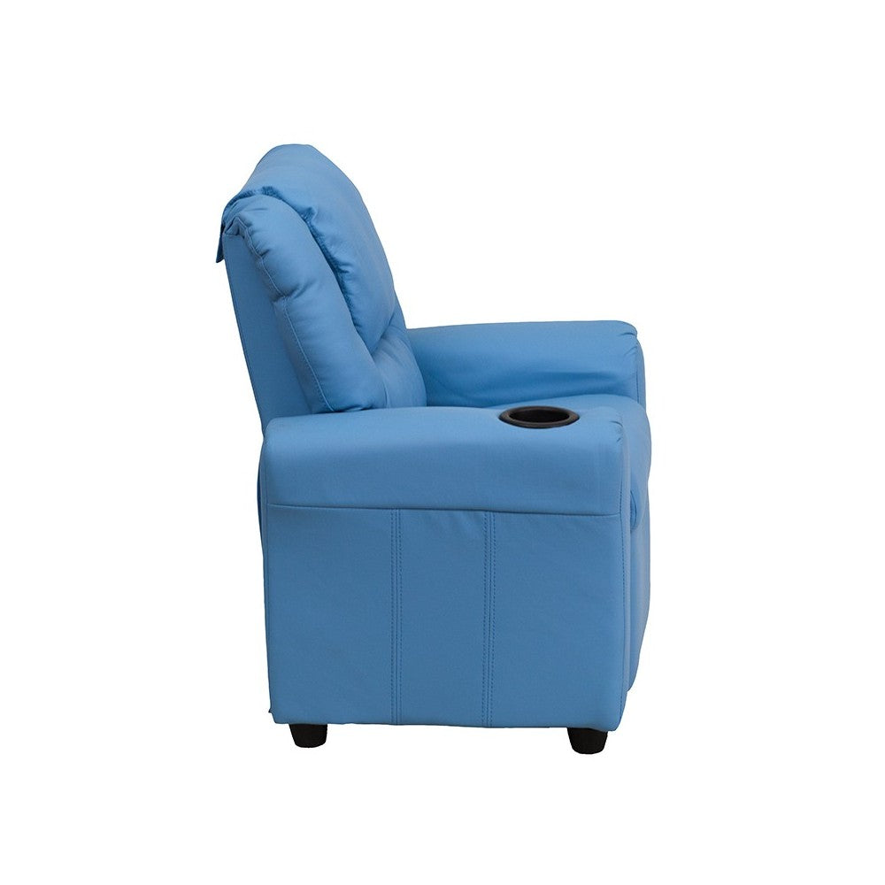 Contemporary Light Blue Vinyl Kids Recliner with Cup Holder and Headrest