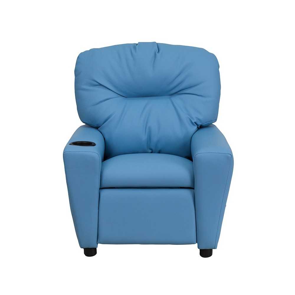 Contemporary Light Blue Vinyl Kids Recliner with Cup Holder