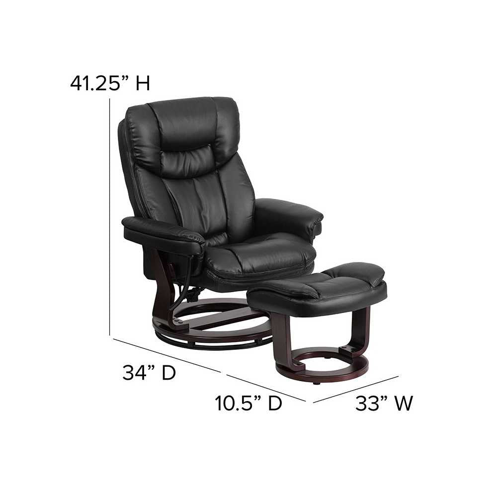 Contemporary Multi-Position Recliner and Curved Ottoman with Swivel Mahogany Wood Base in Black LeatherSoft