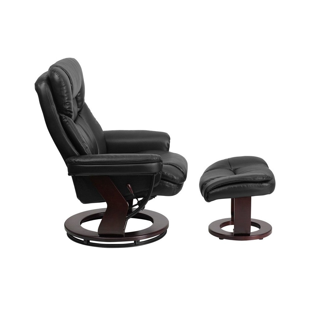Contemporary Multi-Position Recliner and Curved Ottoman with Swivel Mahogany Wood Base in Black LeatherSoft