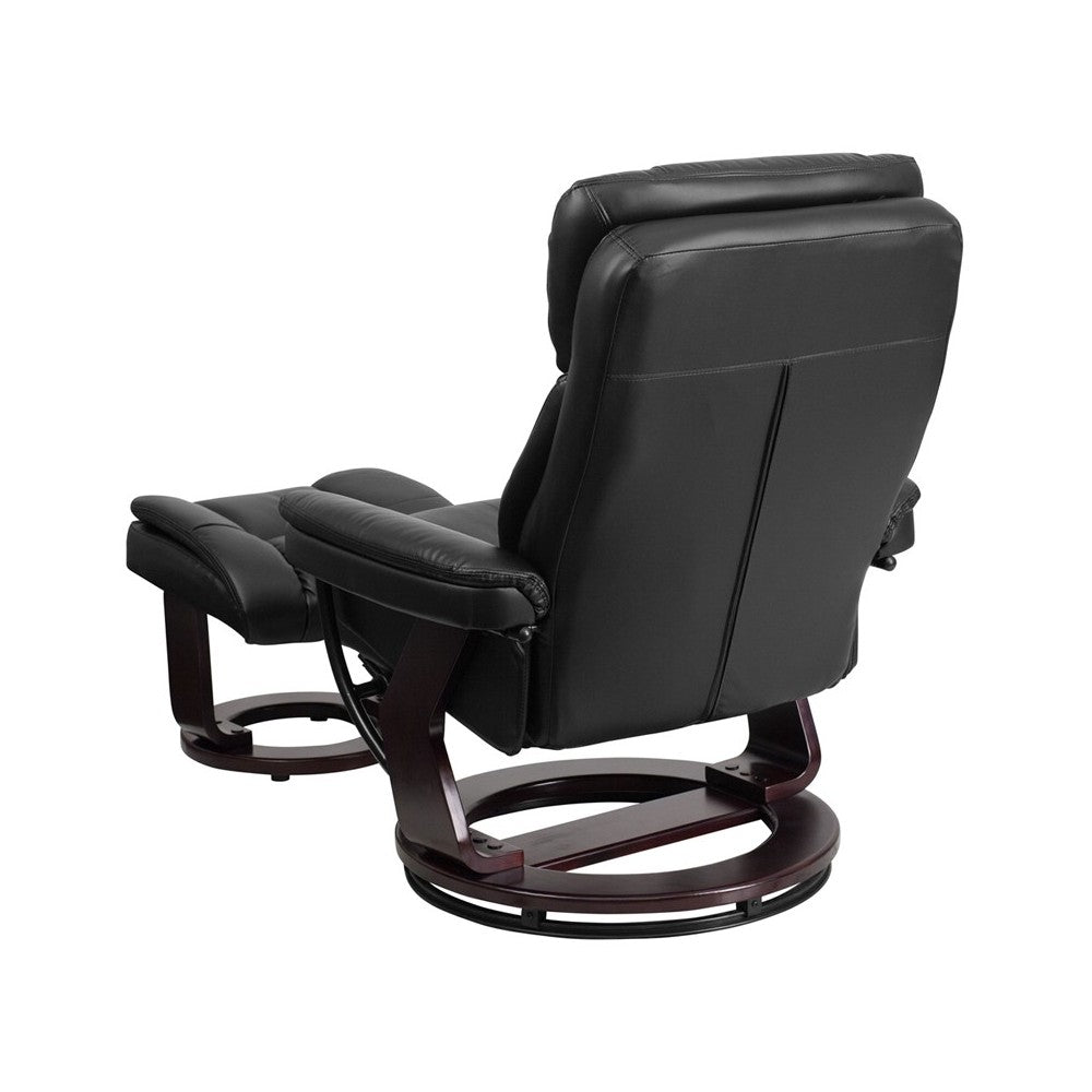 Contemporary Multi-Position Recliner and Curved Ottoman with Swivel Mahogany Wood Base in Black LeatherSoft