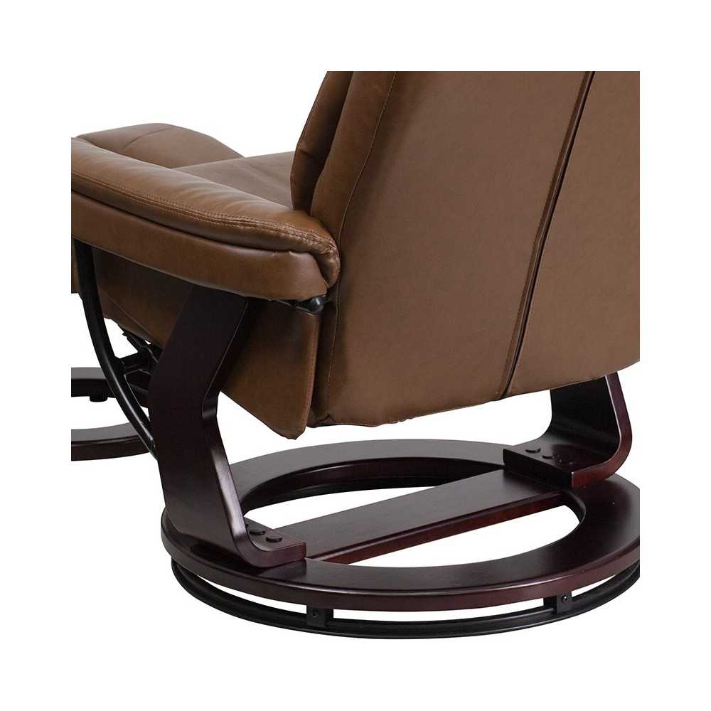 Contemporary Multi-Position Recliner and Curved Ottoman with Swivel Mahogany Wood Base in Palimino LeatherSoft