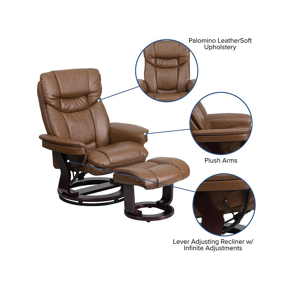 Contemporary Multi-Position Recliner and Curved Ottoman with Swivel Mahogany Wood Base in Palimino LeatherSoft