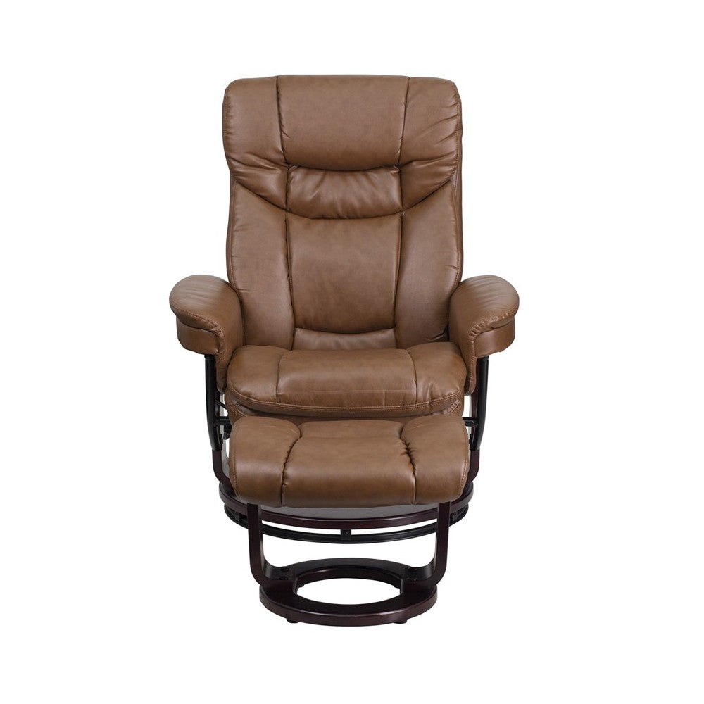 Contemporary Multi-Position Recliner and Curved Ottoman with Swivel Mahogany Wood Base in Palimino LeatherSoft
