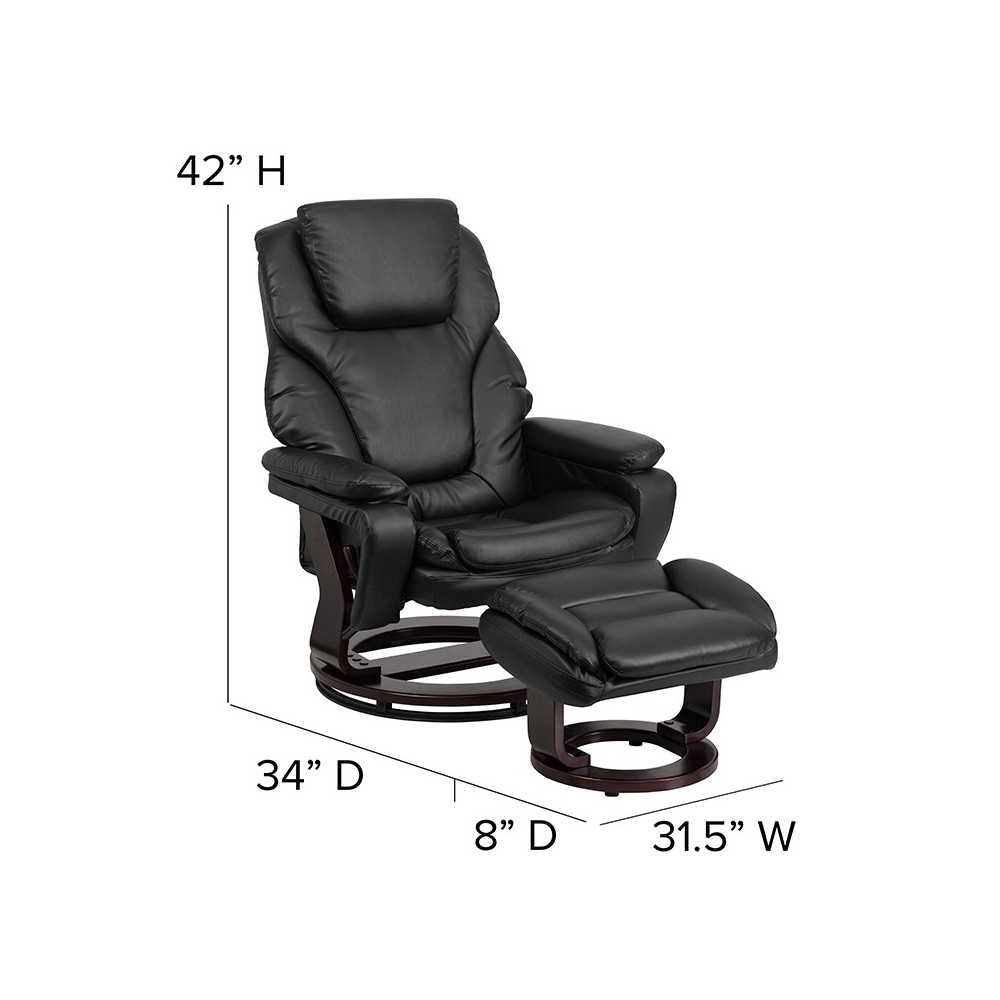 Contemporary Multi-Position Recliner and Ottoman with Swivel Mahogany Wood Base in Black LeatherSoft
