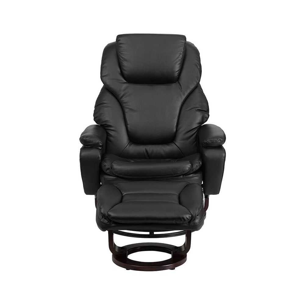 Contemporary Multi-Position Recliner and Ottoman with Swivel Mahogany Wood Base in Black LeatherSoft