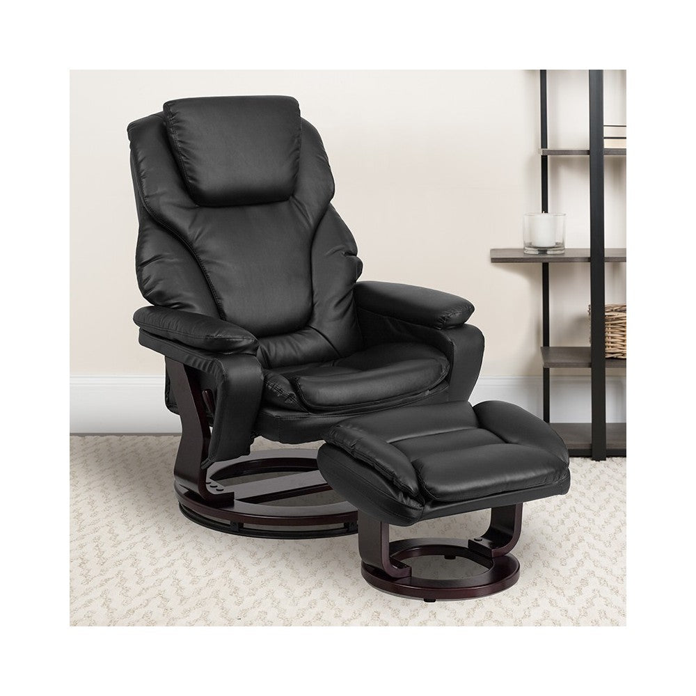 Contemporary Multi-Position Recliner and Ottoman with Swivel Mahogany Wood Base in Black LeatherSoft