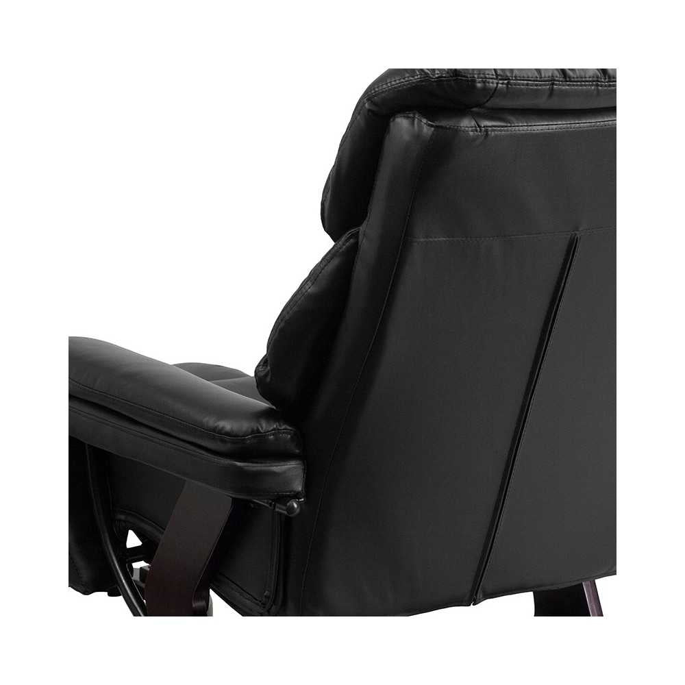 Contemporary Multi-Position Recliner and Ottoman with Swivel Mahogany Wood Base in Black LeatherSoft