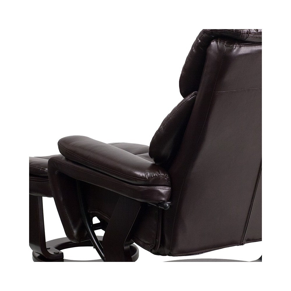 Contemporary Multi-Position Recliner and Ottoman with Swivel Mahogany Wood Base in Brown LeatherSoft