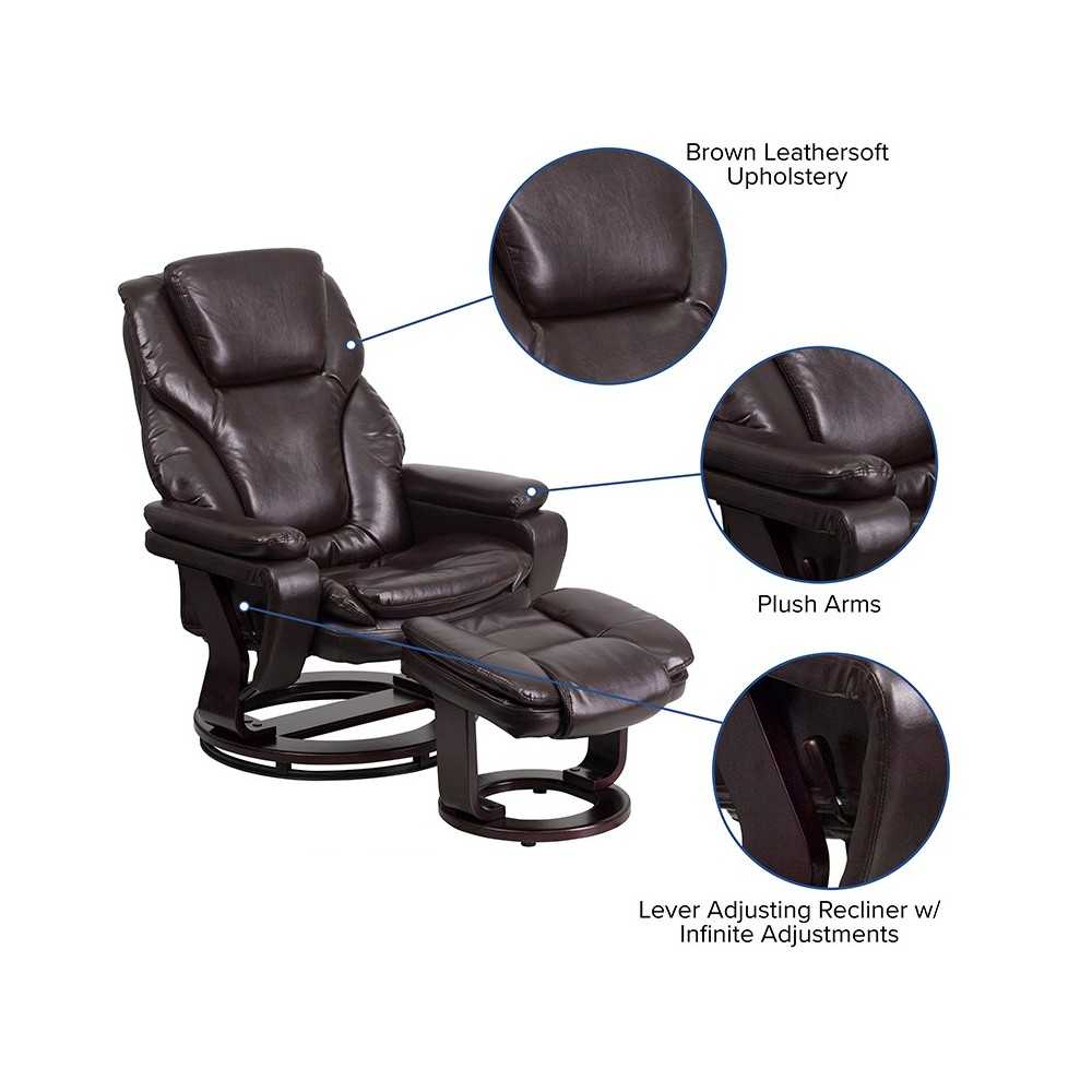 Contemporary Multi-Position Recliner and Ottoman with Swivel Mahogany Wood Base in Brown LeatherSoft