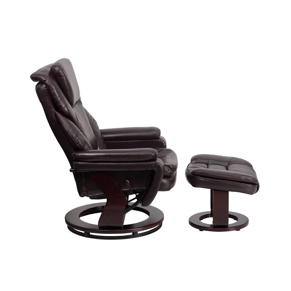 Contemporary Multi-Position Recliner and Ottoman with Swivel Mahogany Wood Base in Brown LeatherSoft