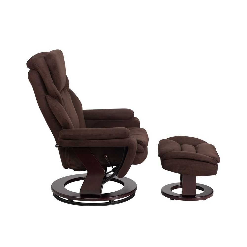 Contemporary Multi-Position Recliner and Ottoman with Swivel Mahogany Wood Base in Brown Microfiber
