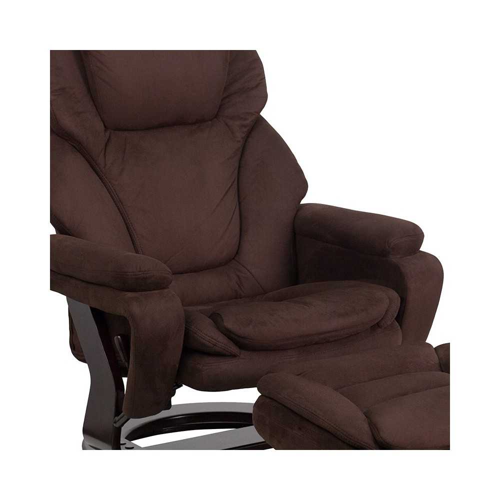 Contemporary Multi-Position Recliner and Ottoman with Swivel Mahogany Wood Base in Brown Microfiber