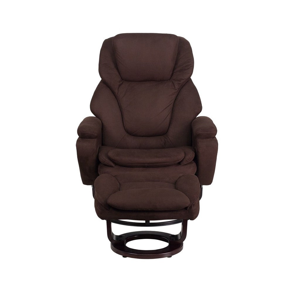 Contemporary Multi-Position Recliner and Ottoman with Swivel Mahogany Wood Base in Brown Microfiber
