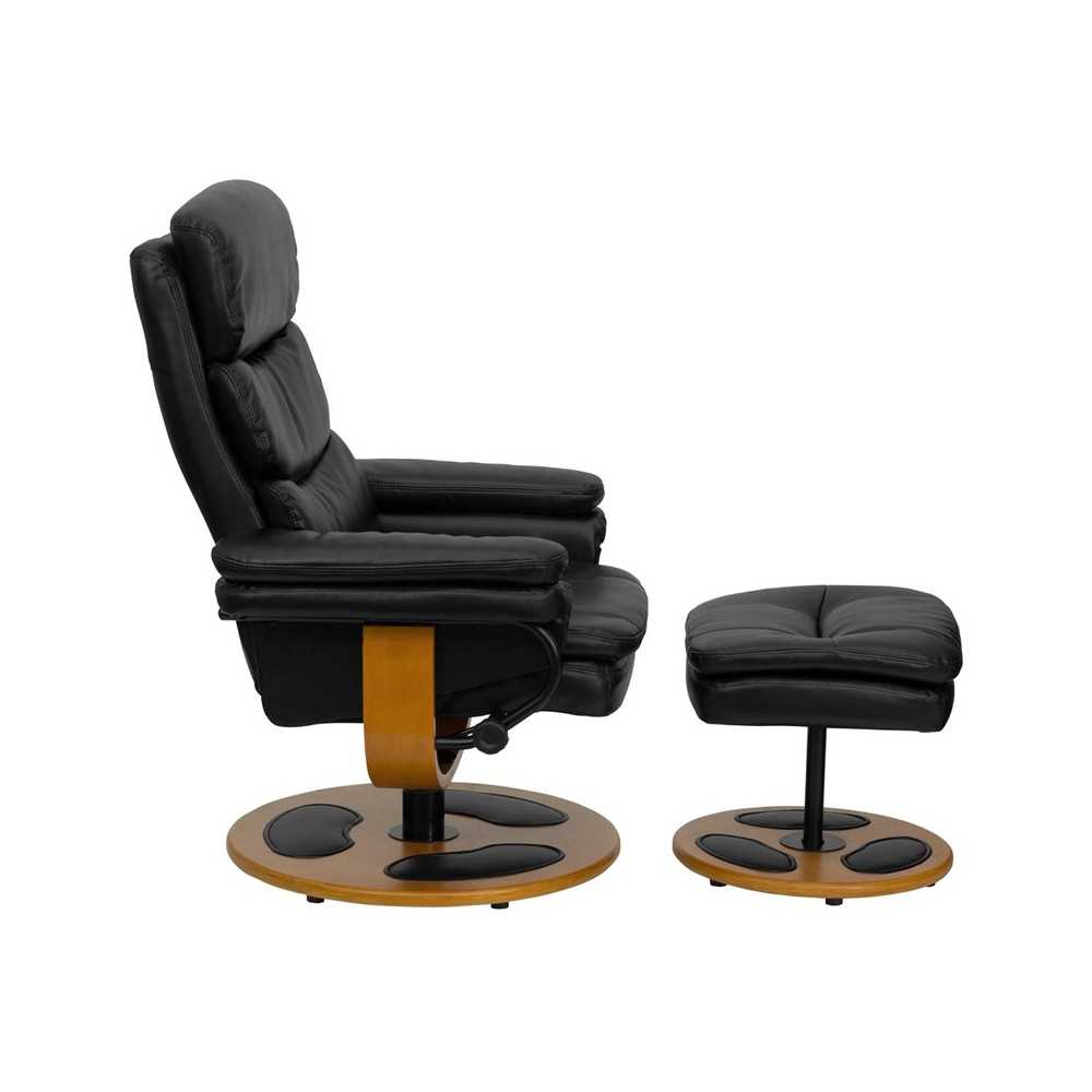 Contemporary Multi-Position Recliner and Ottoman with Wood Base in Black LeatherSoft