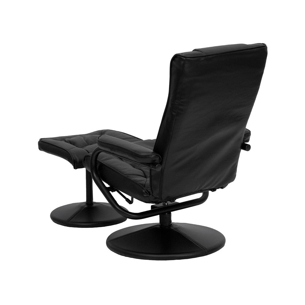 Contemporary Multi-Position Recliner and Ottoman with Wrapped Base in Black LeatherSoft