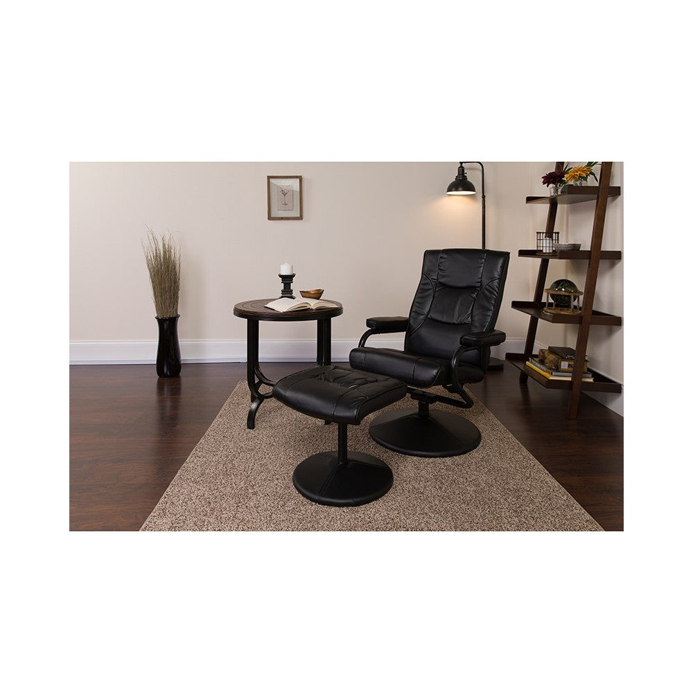Contemporary Multi-Position Recliner and Ottoman with Wrapped Base in Black LeatherSoft