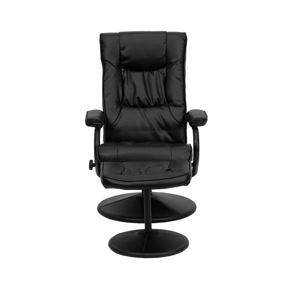 Contemporary Multi-Position Recliner and Ottoman with Wrapped Base in Black LeatherSoft