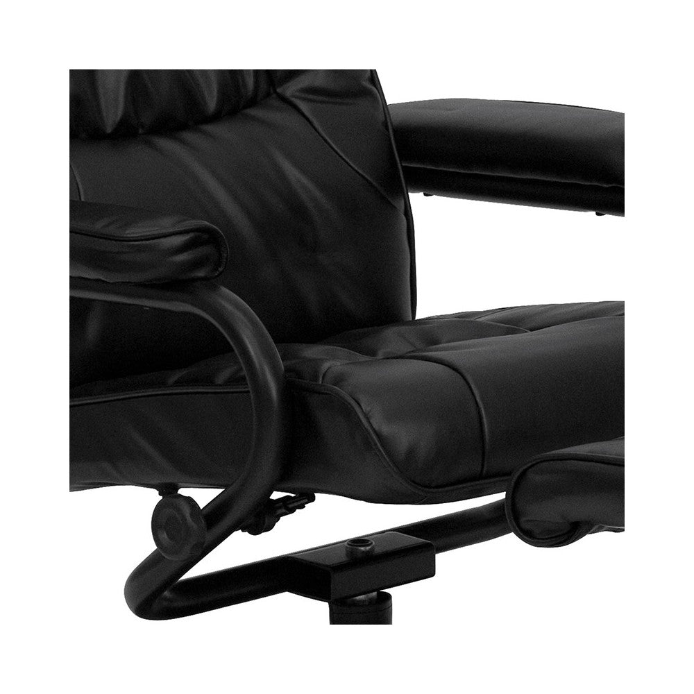 Contemporary Multi-Position Recliner and Ottoman with Wrapped Base in Black LeatherSoft