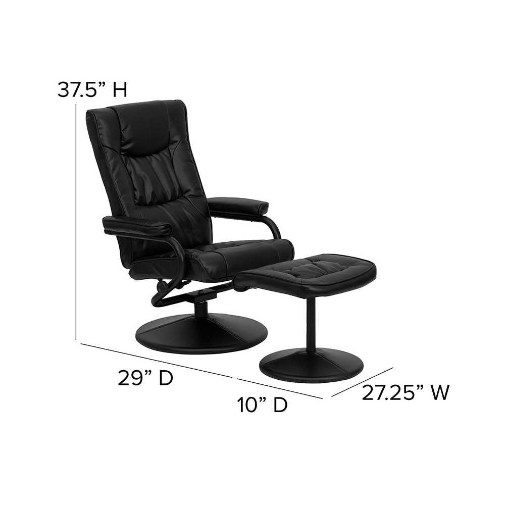 Contemporary Multi-Position Recliner and Ottoman with Wrapped Base in Black LeatherSoft