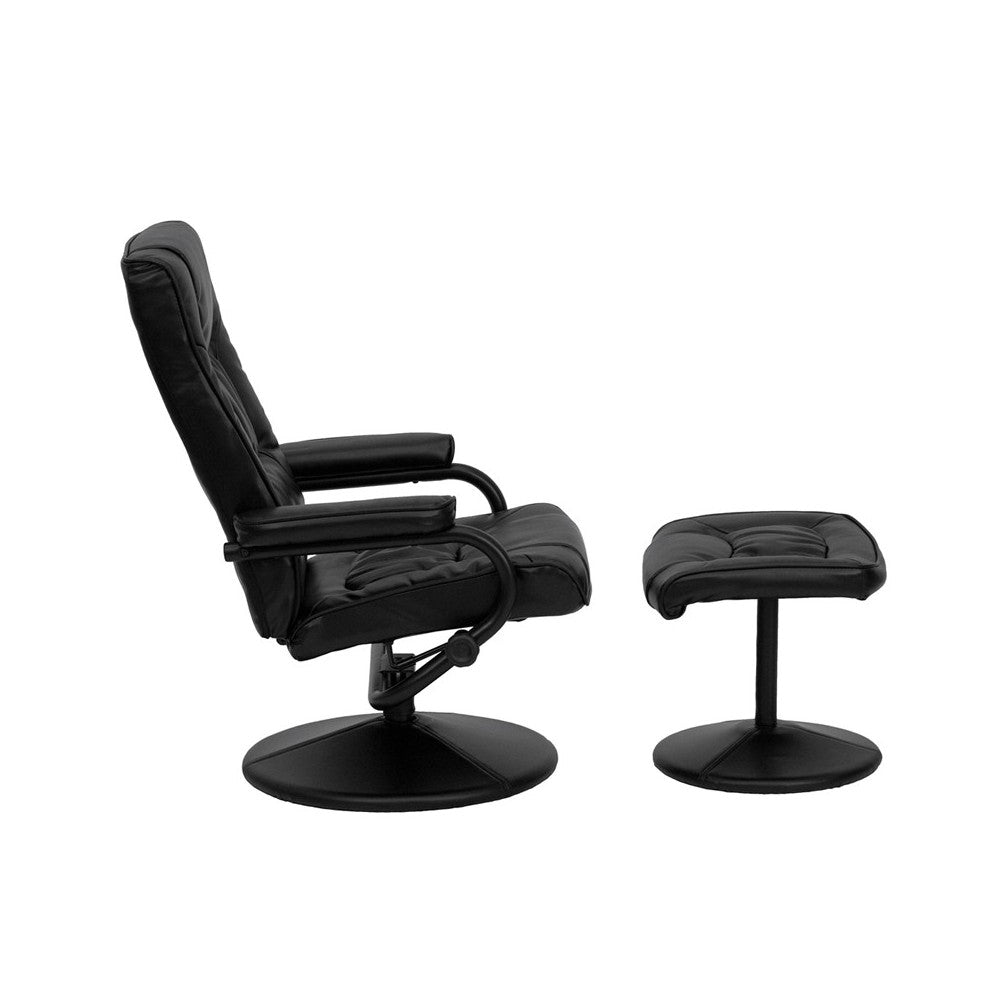 Contemporary Multi-Position Recliner and Ottoman with Wrapped Base in Black LeatherSoft