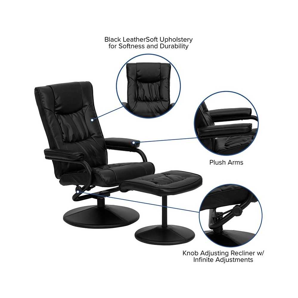Contemporary Multi-Position Recliner and Ottoman with Wrapped Base in Black LeatherSoft