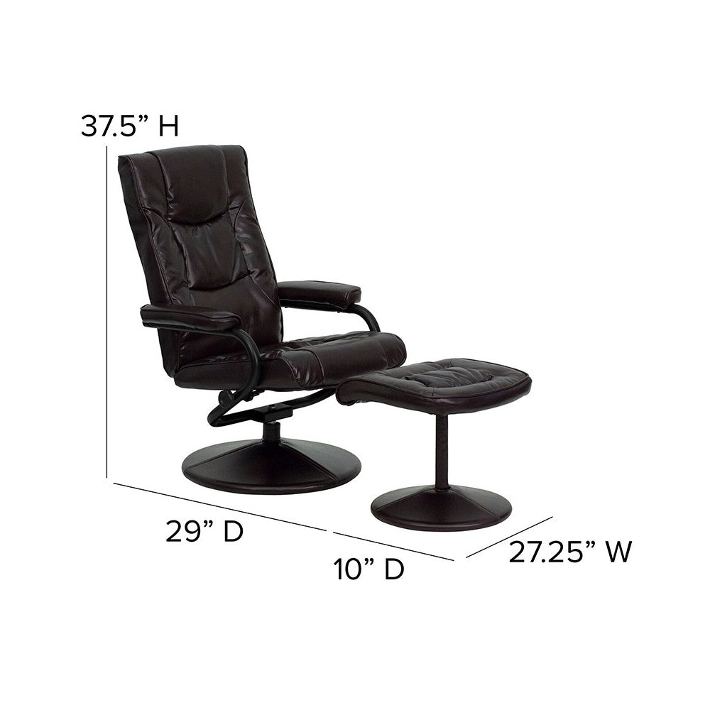 Contemporary Multi-Position Recliner and Ottoman with Wrapped Base in Brown LeatherSoft