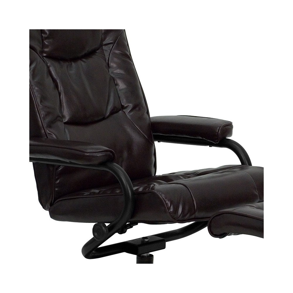 Contemporary Multi-Position Recliner and Ottoman with Wrapped Base in Brown LeatherSoft