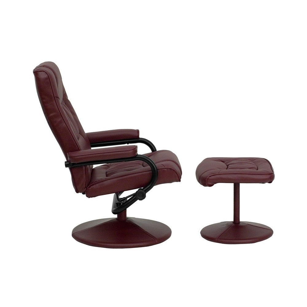Contemporary Multi-Position Recliner and Ottoman with Wrapped Base in Burgundy LeatherSoft