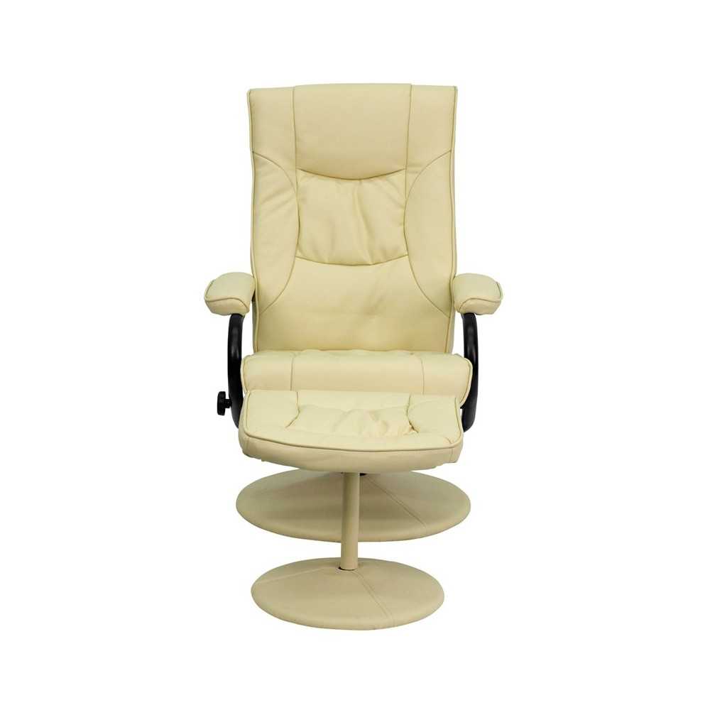 Contemporary Multi-Position Recliner and Ottoman with Wrapped Base in Cream LeatherSoft