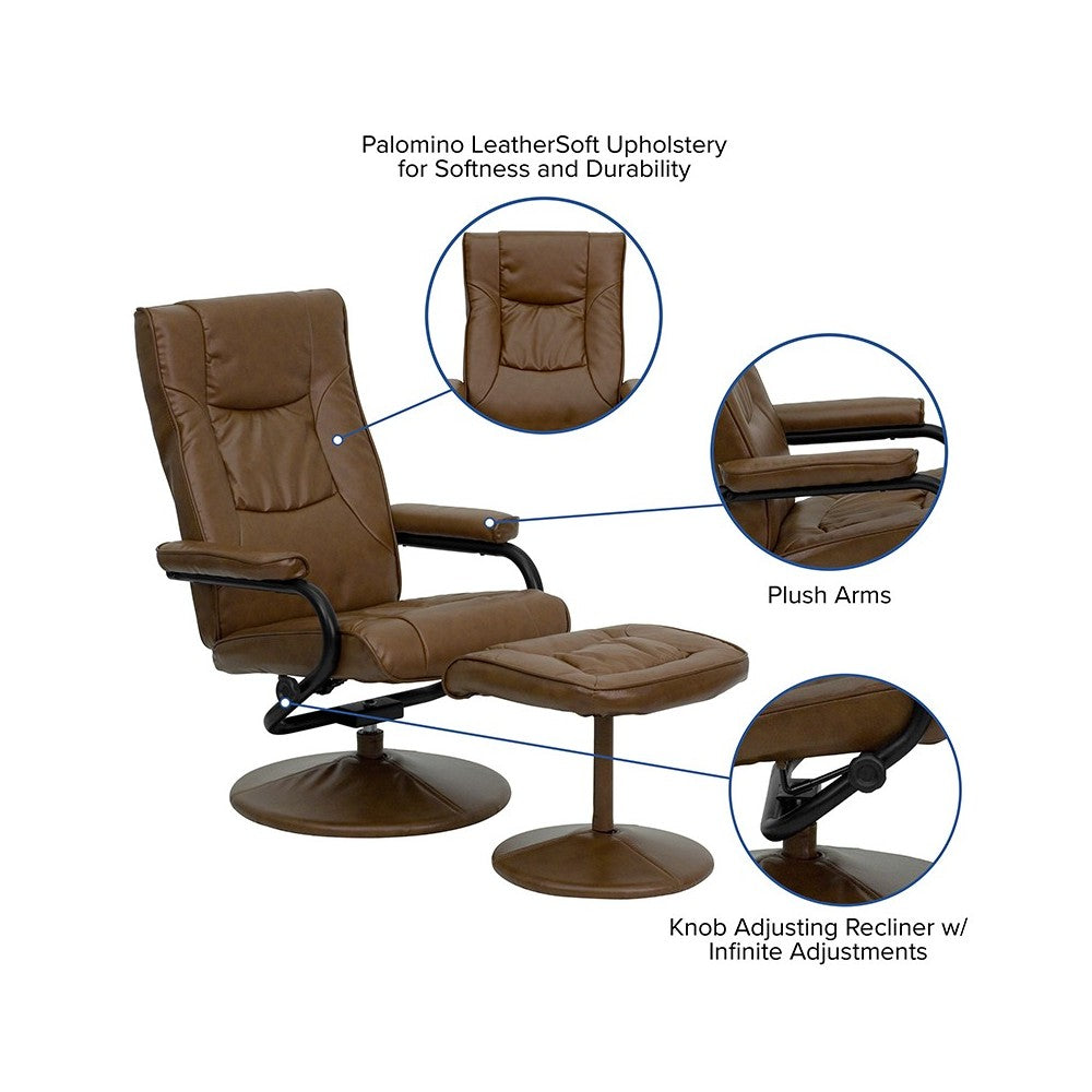 Contemporary Multi-Position Recliner and Ottoman with Wrapped Base in Palimino LeatherSoft