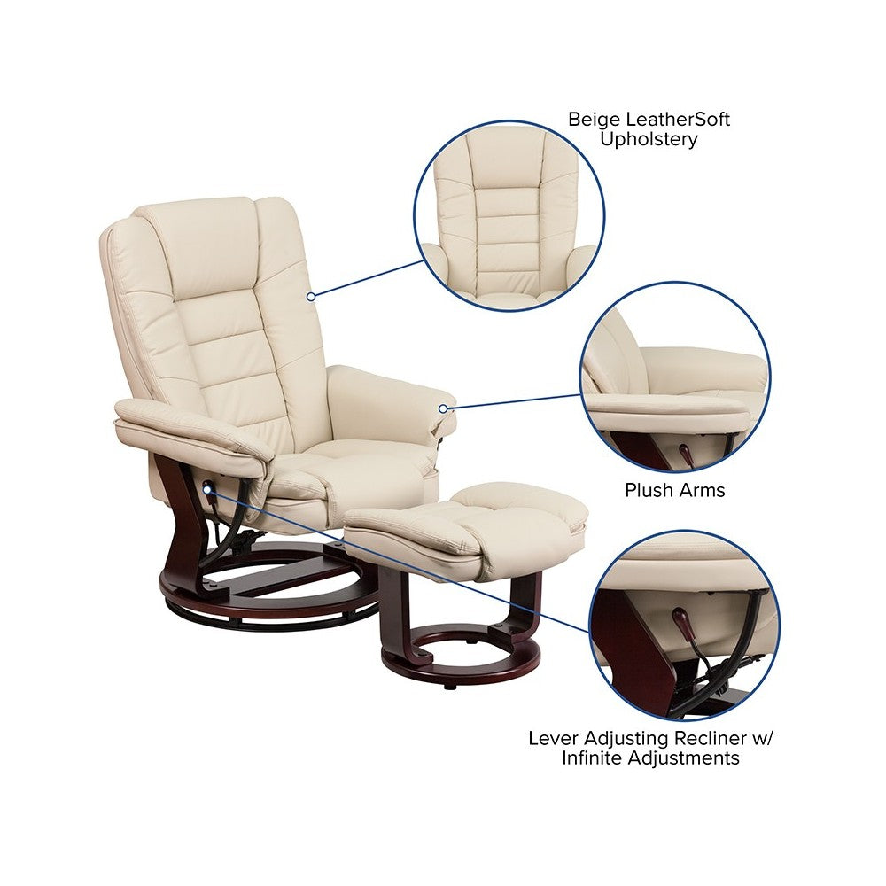 Contemporary Multi-Position Recliner with Horizontal Stitching and Ottoman with Swivel Mahogany Wood Base in Beige LeatherSoft