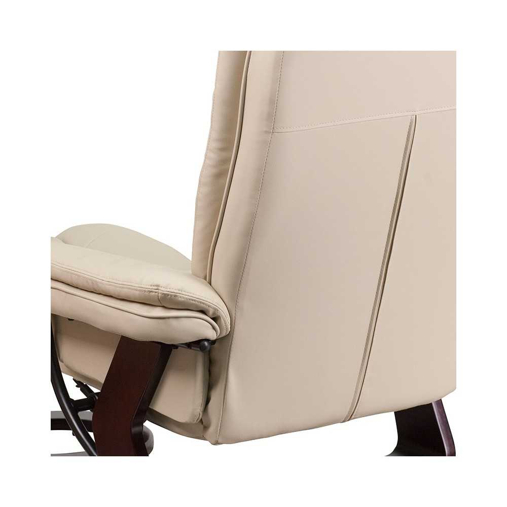 Contemporary Multi-Position Recliner with Horizontal Stitching and Ottoman with Swivel Mahogany Wood Base in Beige LeatherSoft