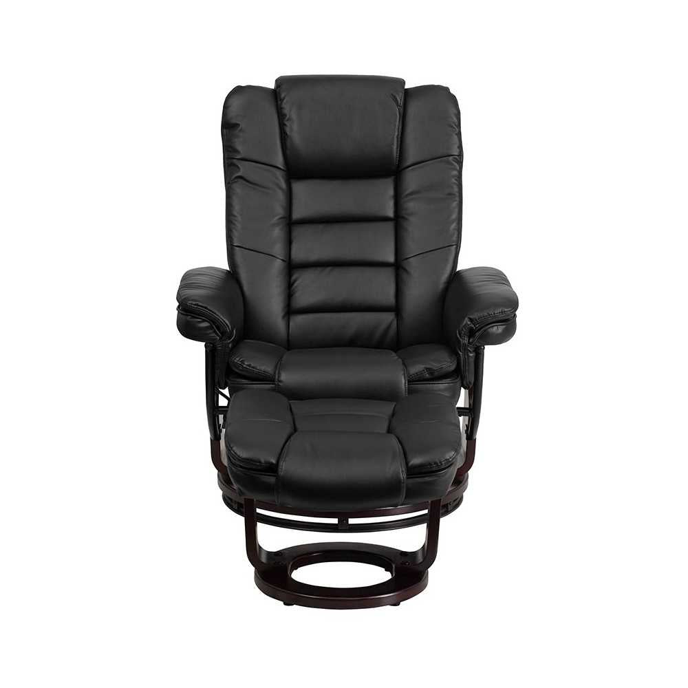 Contemporary Multi-Position Recliner with Horizontal Stitching and Ottoman with Swivel Mahogany Wood Base in Black LeatherSoft