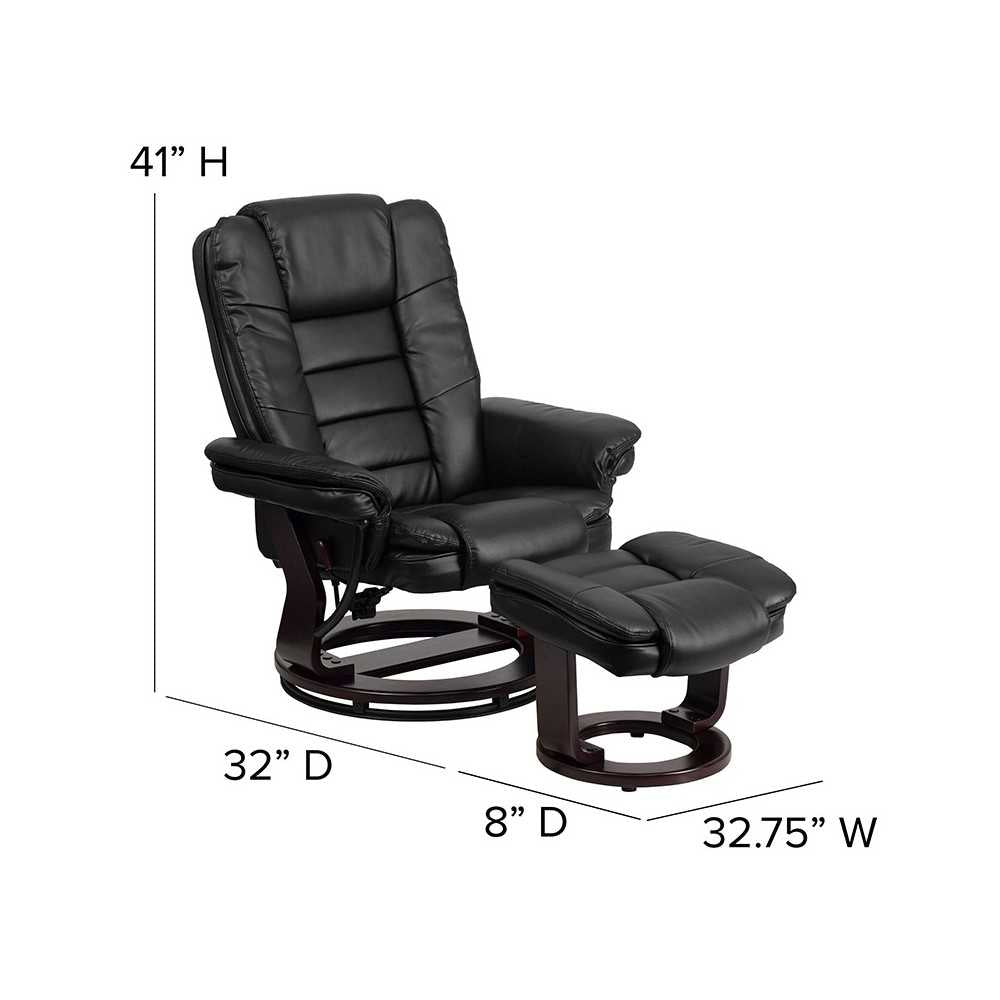 Contemporary Multi-Position Recliner with Horizontal Stitching and Ottoman with Swivel Mahogany Wood Base in Black LeatherSoft