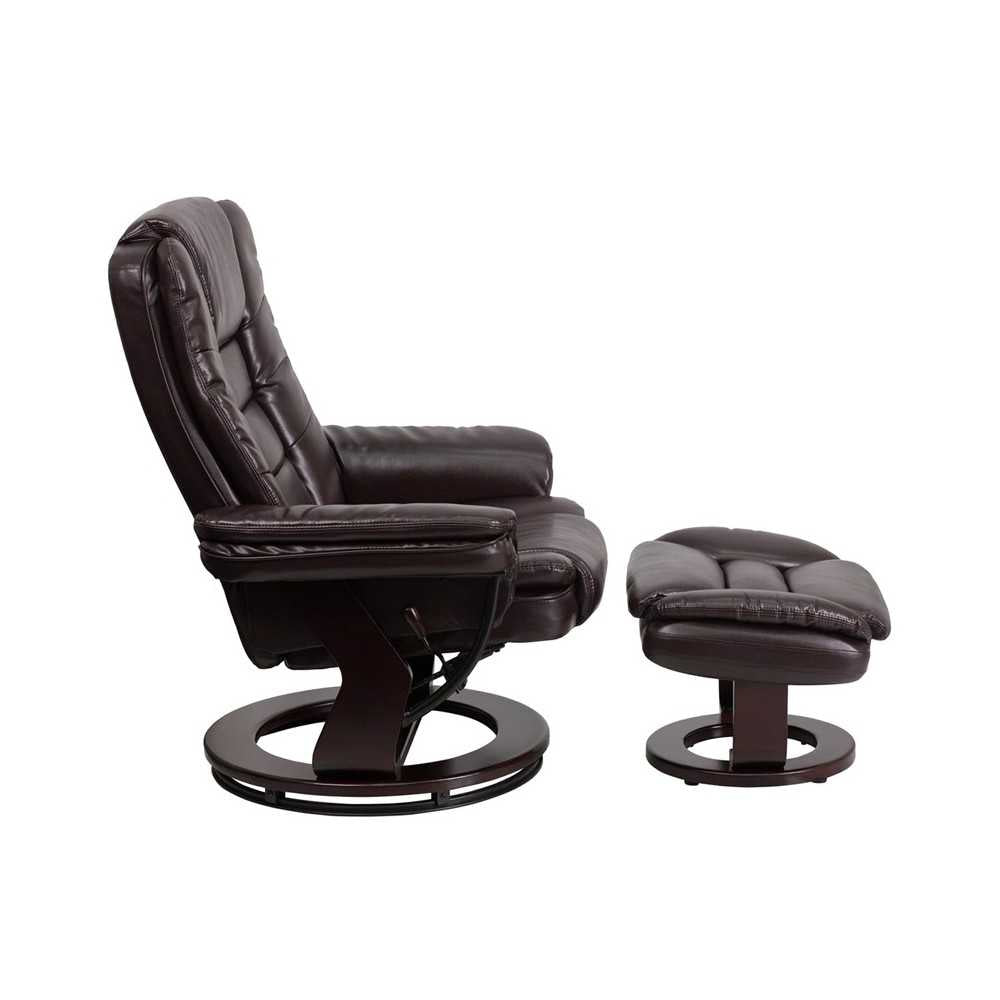 Contemporary Multi-Position Recliner with Horizontal Stitching and Ottoman with Swivel Mahogany Wood Base in Brown LeatherSoft