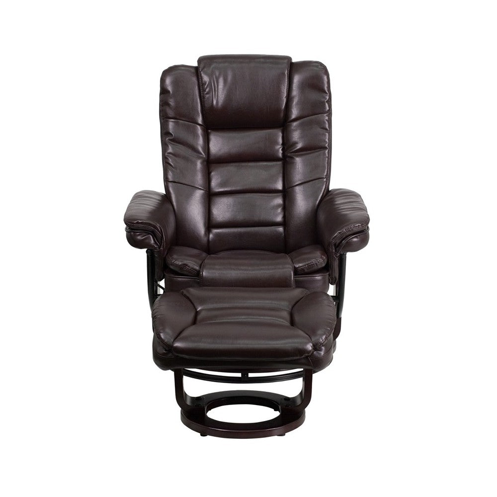 Contemporary Multi-Position Recliner with Horizontal Stitching and Ottoman with Swivel Mahogany Wood Base in Brown LeatherSoft
