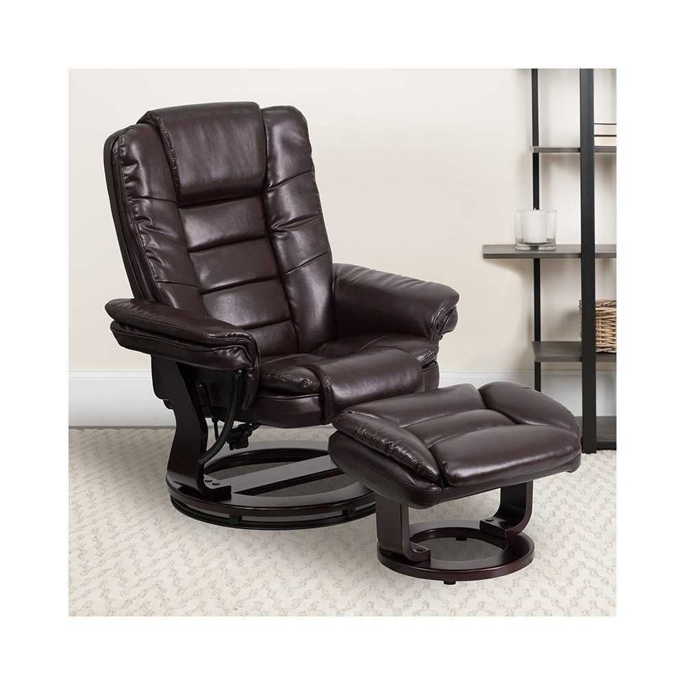 Contemporary Multi-Position Recliner with Horizontal Stitching and Ottoman with Swivel Mahogany Wood Base in Brown LeatherSoft